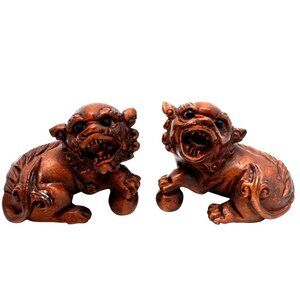 Ojime Netsuke 2 Foo Dog Lion Figurines Hand-Carved Boxwood Signed No Hole #2.2